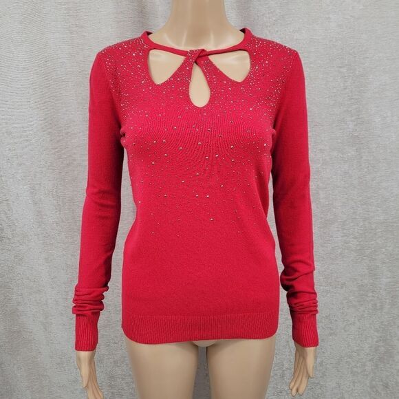 Vila Milano Red Keyhole Sweater with Rhinestones Viscose Wool So Soft - Picture 3 of 9